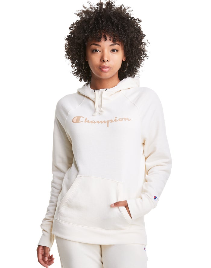 Champion Womens Hoodie NZ - Powerblend Fleece Script Logo White ( 4970-CGJDS )